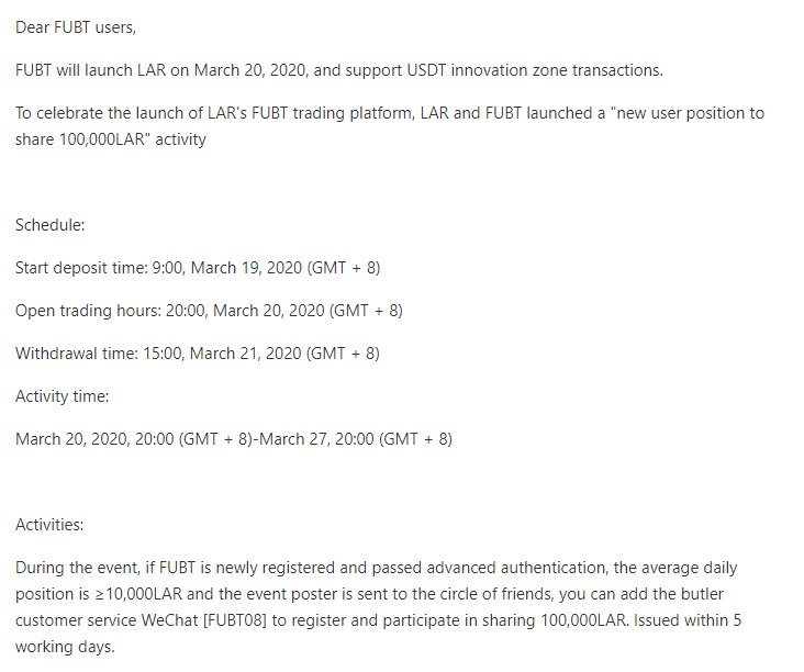 LinkArt_LAR's tweet photo. #LAR listed on #FUBT on March 20
To celebrate the launch of LAR's FUBT trading platform, LAR and FUBT launched a "new user position to share 100,000LAR" activity
Schedule:
Start deposit time: 9:00, March 19, 2020 (GMT + 8)
Open trading hours: 20:00, March 20, 2020  (GMT + 8) https://t.co/mvv3CxfI2u
