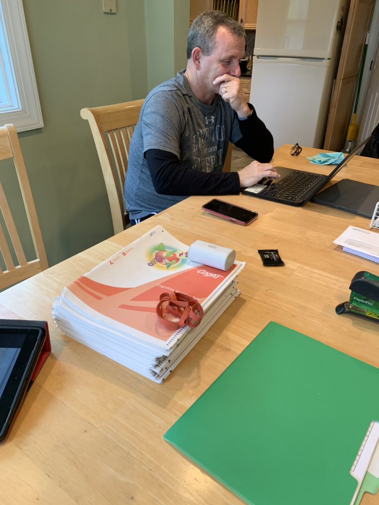 mgmcardle's tweet photo. Working from home. Gifted at one end of the table. Third grade at the other end. #VBAlwaysLearning https://t.co/8djGUi3l4t