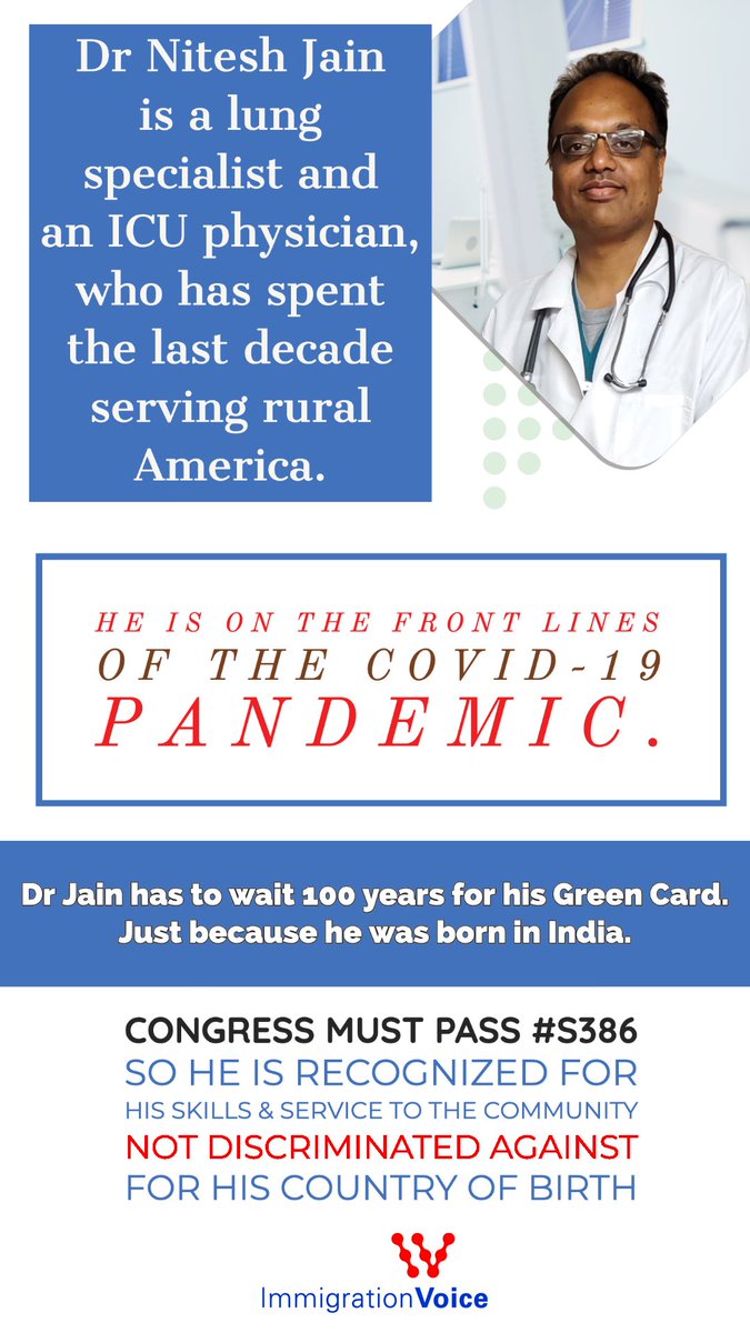 immivoice's tweet photo. Congress must pass #S386 so Dr Nitesh Jain, who is fighting the #COVID19 pandemic is recognized for his skills &amp; contributions to the community instead —– of being discriminated against for the country he was born in.

#coronavirus #COVID #COVIDー19 https://t.co/HyTMjh0mOb