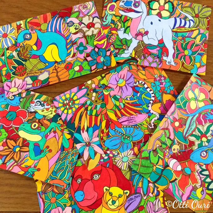 Otti、インドの絵と同時進行でポストカードサイズの小さな絵にも色を付けました🎨可愛らしい感じの額を探してみようと思います☺️#ottiouri #artwork #illust #popart #Artist #色鉛筆画 #動物イラスト #高校生 #休校中 #Twitterで楽しむ展覧会 #イラスト好きな人とつながりたい 