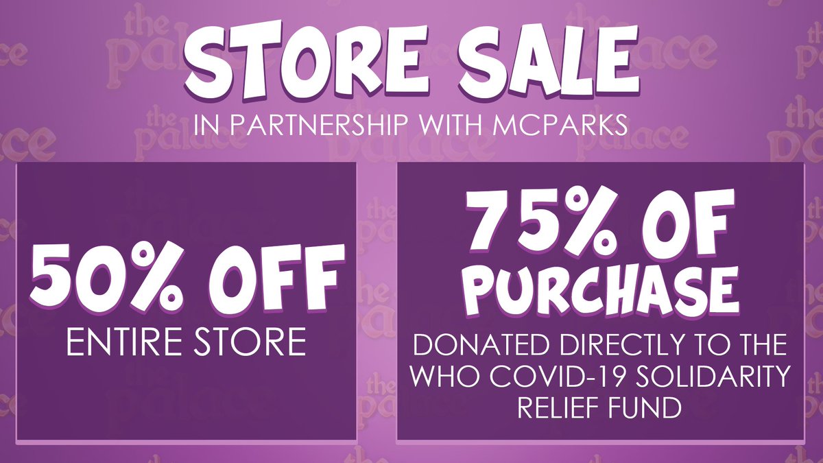 PalaceNetwork's tweet photo. In collaboration with @MinecraftParks, we are offering a 50% off sale on our entire store. 75% of every purchase will go directly to the WHO COVID-19 Solidarity Relief Fund.

Read more:
https://t.co/gngwLYIwyK https://t.co/LSDjItsc5a