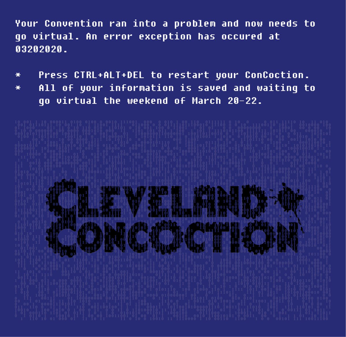 CLE_ConCoction's tweet photo. We're still working to reboot this thing...
Check our blog update for more details.
Link: https://t.co/31T2tcOKpJ
#clecon #clecon2020 #clecon7 #virtualconvention #turnitoffturnitbackon #bythefansforthefans https://t.co/4bx54kLXro