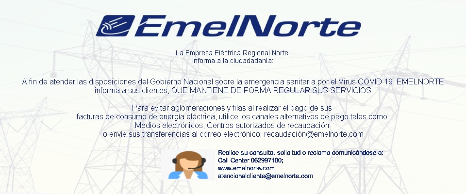 Informamos a nuestros clientes que  mantenemos activos nuestros canales de pagos con el fin de evitar aglomeraciones.
Consulta el consumo de tu planilla en nuestra página web: emelnorte.com #QuedateEnCasa