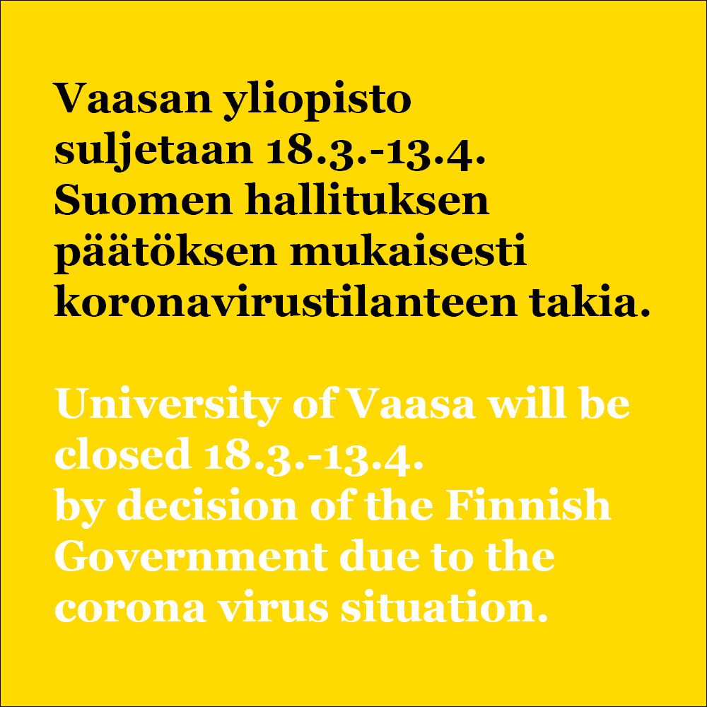 univaasa's tweet photo. Vaasan yliopisto sulkee tilat 18.3. - 13.4. Myös exam-sali, kirjasto ja kampusalueen ravintolat suljetaan. Poikkeuksena on Mathilda, josta saa noutolounasta. Lue lisää: https://t.co/9DmVdEN1Y4 #univaasa #koronavirus https://t.co/8y77xD2lBD