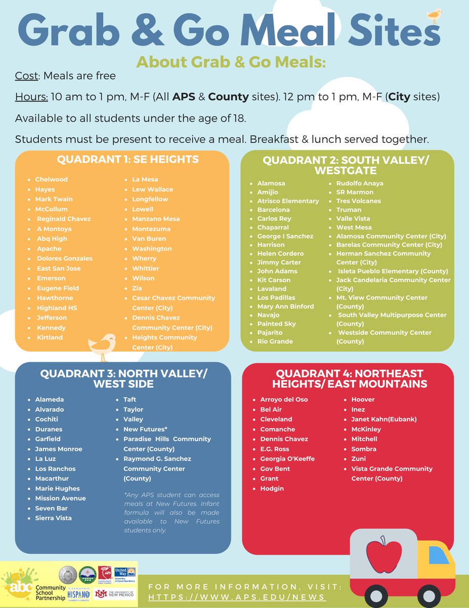 Updated list of Grab &amp; Go meal sites for students which includes all APS sites, along with County and City Community Center sites. <a href="/ABQschools/">APS</a> <a href="/BernCounty/">Bernalillo County</a> <a href="/cabq/">City of Albuquerque</a>