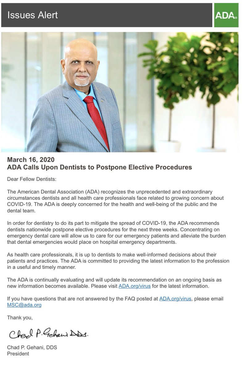 #ADA Calls Upon Dentists to Postpone Elective Procedures                    ##COVID-19 #Dentist #dentistry #SafetyFirst for All #CoronavirusADA #coronavirus