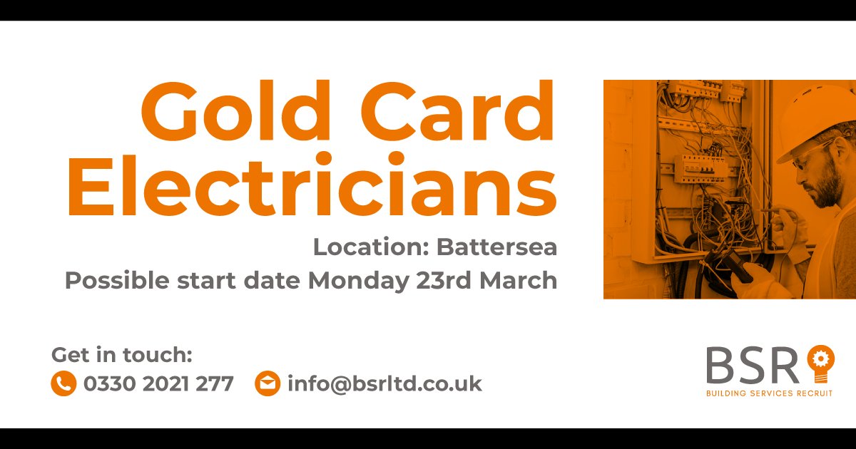 We're looking for Gold Card Electricians in Battersea!
.
If you want to apply for the role or find out more about other electrical roles we have available, call our office - 0330 2021 277
.
.
#bsrltd #electricaljobs #electricalroles #jobs #ukjobs #electricians #batterseajobs
