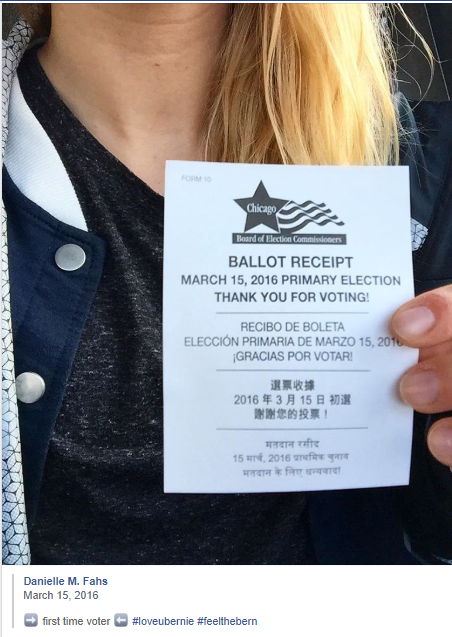 danifahs's tweet photo. It's the #IllinoisPrimary and I will be proudly casting my vote for @BernieSanders again. I'm also taking my partner, who's a first time voter, to vote for Bernie. #Bernie2020 #ChicagoForBernie 🌹🌹🌹 https://t.co/6j5JEJE1Aq