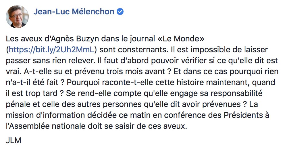 Les aveux d'Agnès Buzyn dans le journal «Le Monde» sont consternants. Il est impossible de laisser passer sans rien relever...

➡️ facebook.com/JLMelenchon/po…
