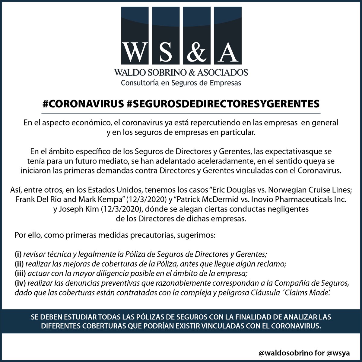 wsyasociados's tweet image. #Coronavirus #SegurodeDirectoresyGerentes

➡ Nota completa
facebook.com/wsyasociados/

Contáctenos:
✉ consultas@wsya.com.ar
📲+54 11 5278 8000
💻 wsya.com.ar
.
.
.
#wsya #waldosobrino #mercedestortorelli #adrielgava #sebastiancerda #abogados #seguros #segurosempresas