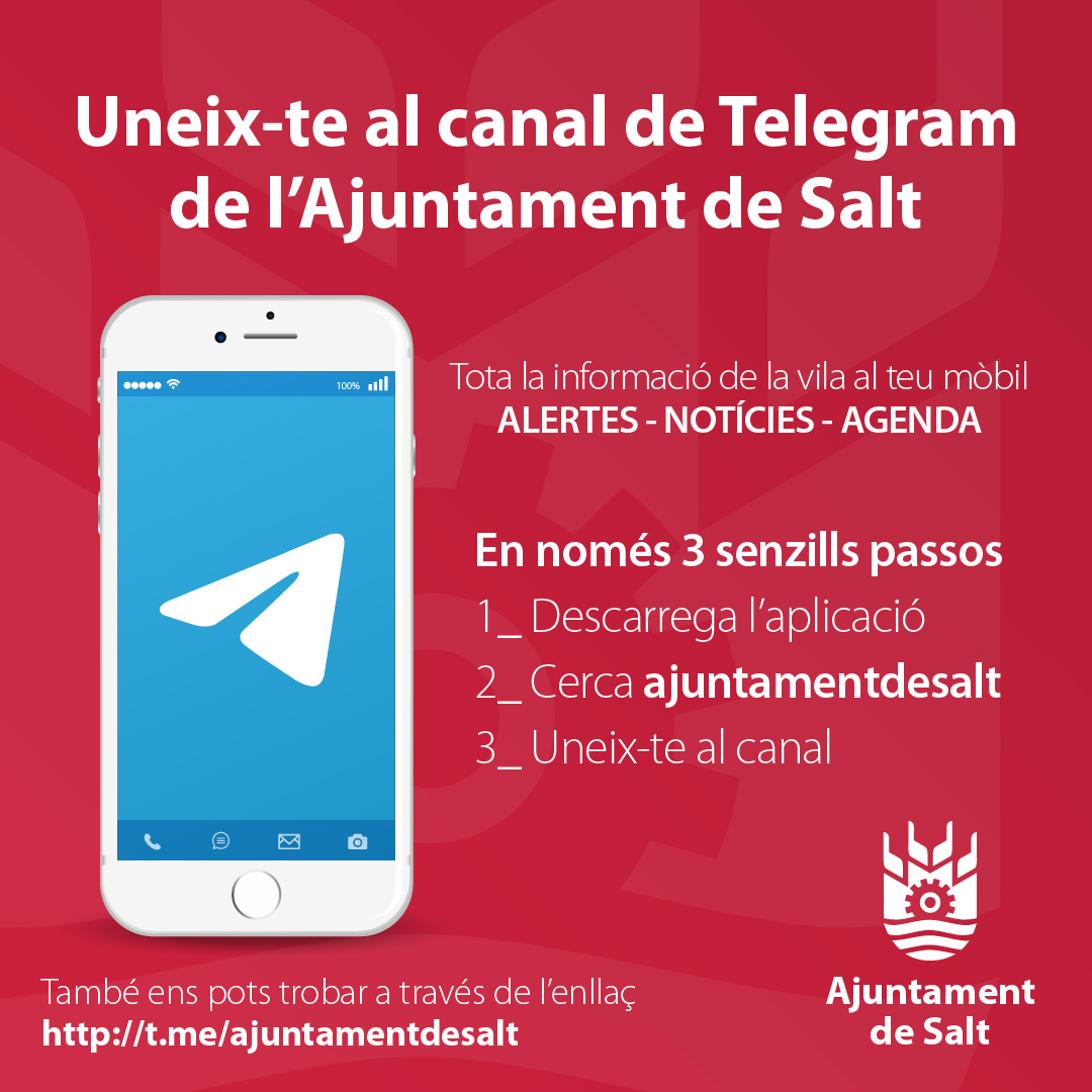 ViladeSalt's tweet photo. Reforcem la comunicació amb la ciutadania amb un canal de Telegram (ajuntamentdesalt) 

👉 Uneix-te a nosaltres i estigues informat de totes les novetats que sorgeixen diàriament!

#ViuSalt #Salt https://t.co/15QGAM8ZsB