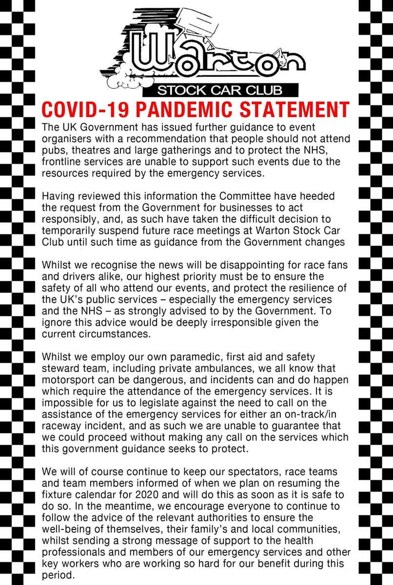 A statement from The Committee of Warton Stock Car Club.