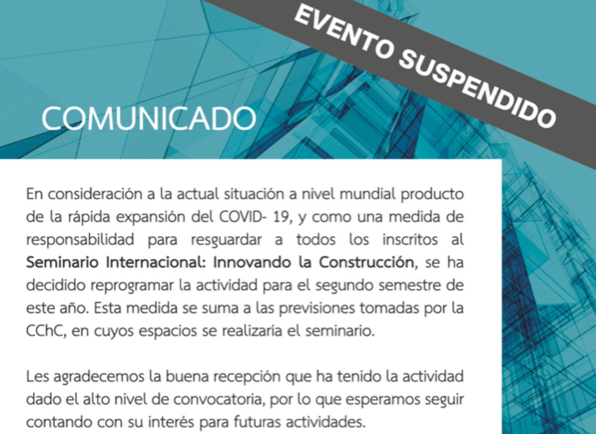 Les informamos que el #seminario internacional "Innovando la Construcción" ha sido suspendido debido a la contingencia. La medida es parte de las previsiones tomadas por la @CamaraCChC, en cuyas dependencias se haría esta actividad: bit.ly/39ZmSZf