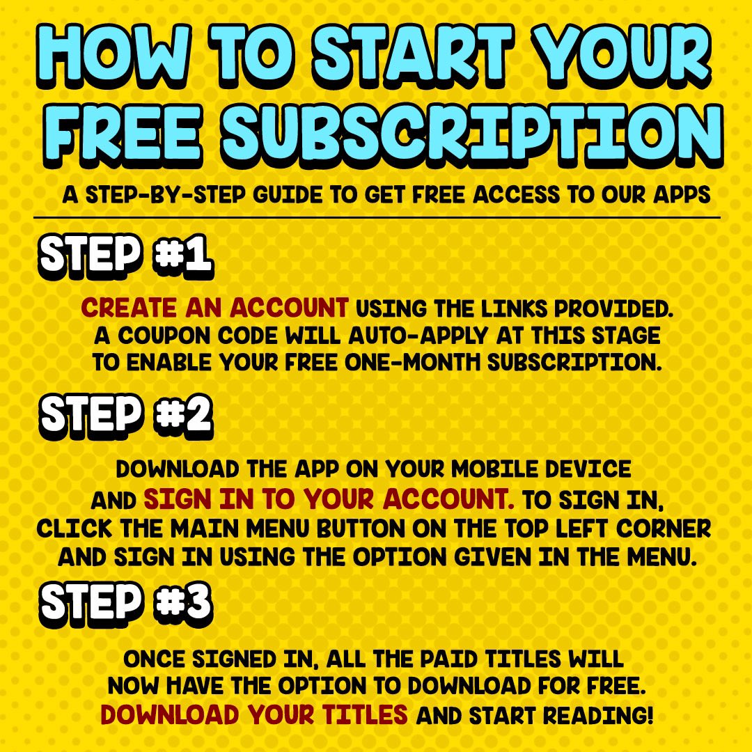 Since a lot of you were having issues activating our free 1 month subscription, here’s a step-by-step guide. 

For FREE access to the ACK app, click here: bit.ly/ACK1Month
For FREE access to the #TinkleApp, click here: bit.ly/Tinkle1Month

#ReadingIsGood #ACKComicsApp