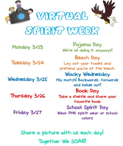ChrismansClass's tweet photo. Next week is Virtual Spirit Week. If we have to be stuck at home we might as well have some fun. Share your photos on PMK PTA Facebook page. Make sure to tag us @Potowmack_ES and use the hashtags #TogetherWeSOAR #PMKVirtualSpiritWeek https://t.co/eFXitSnTrn