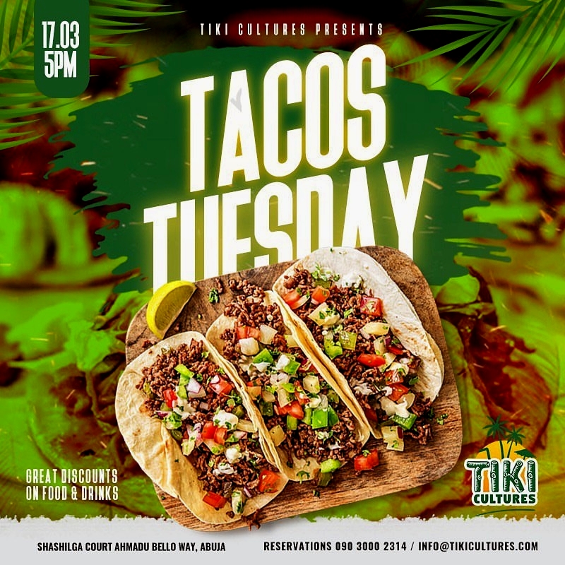 boqivulo's tweet photo. 🌮 Tacos, Quesadillas, Tequilas and discounted Beer...end Your Tuesday with us!
———————————————
📍@tikicultures
———————————————
#TikiCultures #AbujaIsNotBoring #TikiBar 
#AfroCaribbean #Abuja #AbujaTwitterCommunity

>>from @tikicultures https://t.co/aHer5t2joi