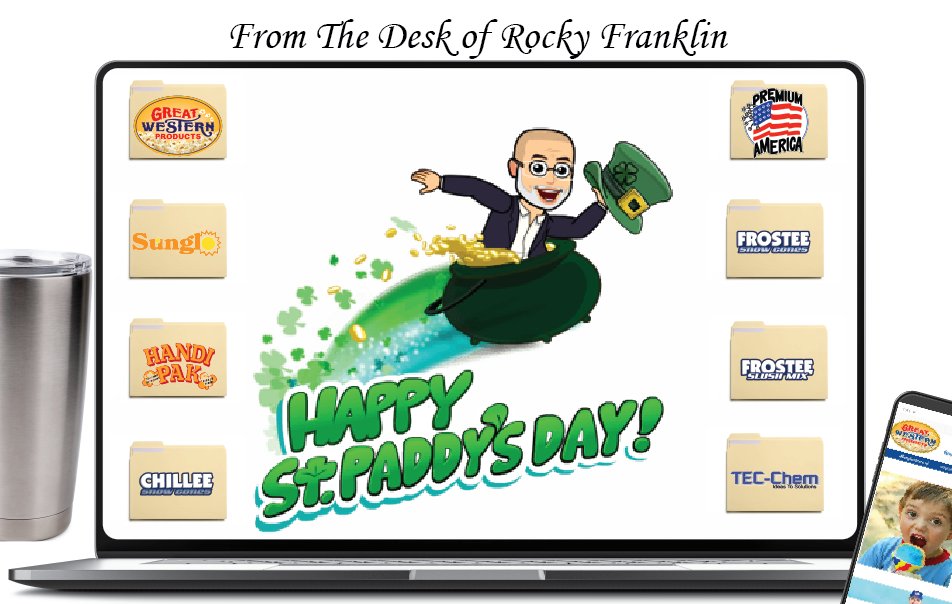Gr8_Western's tweet photo. Happy St. Patrick's Day! #GreatWesternProducts #StPatrick2020 #Popcorn #SnowConeSyrup #CottonCandy #SlushMix #Sunglo #PremiumAmerica #HandiPak #Frostee #Chillee #TECChem https://t.co/mtsMIU7vFb