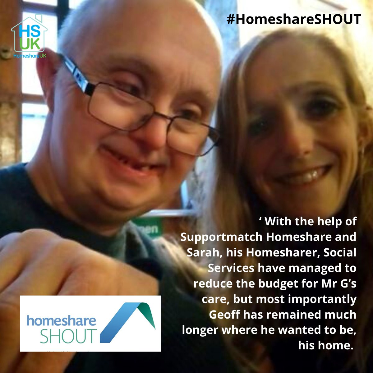 Homeshare_UK's tweet photo. #Homeshare can support so many varied groups of people who want a safe and sociable home. The traditional is older and younger but Geoff and Sarah matched by Supportmatch show that it works brilliantly for people with learning disabilities. @HomeshareIntl #homeshareSHOUT https://t.co/V41GIM1NJa