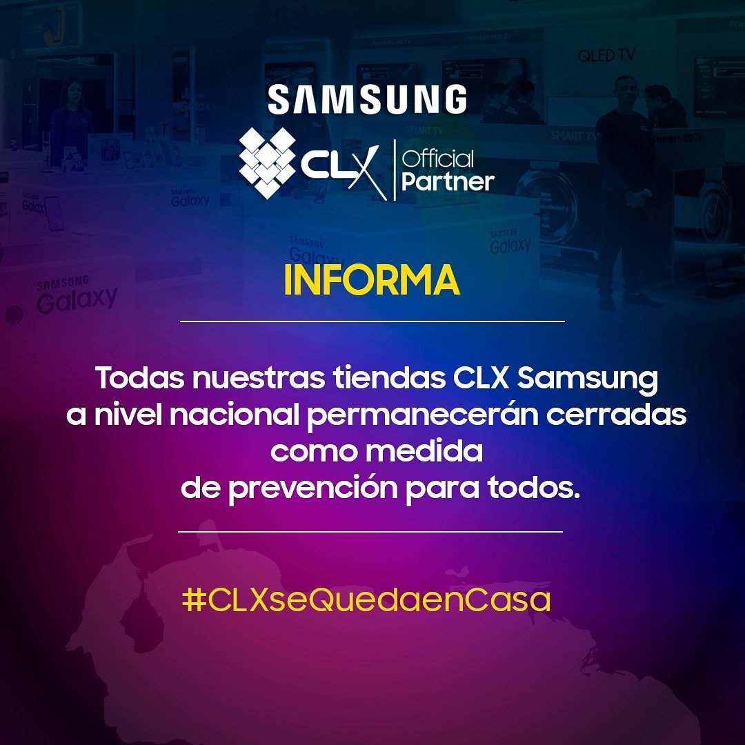 clx_latin's tweet photo. ¡Atención! CLX informa 🇻🇪🌎
Como medida de prevención para todos, nuestras tiendas CLX en el país permanecerán cerradas desde este martes 17 de marzo.
#ClxSeQuedaEnCasa por el bienestar de todas las familias venezolanas.👨👩👦👦
#ClxSamsung #TiendasClx #ClxInforma #Coronavirus https://t.co/PLjvRpaT0g
