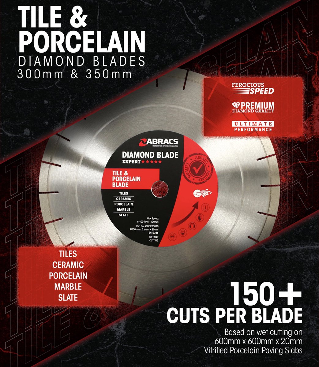 BRAND NEW! TILE &amp; PORCELAIN BLADES

These larger blades are manufactured with a 10mm segment and fine diamond grit. Gullets aid stock removal ensuring these blades produce a smooth, clean cut, offering a combination of ferocious speed and ultimate performance.