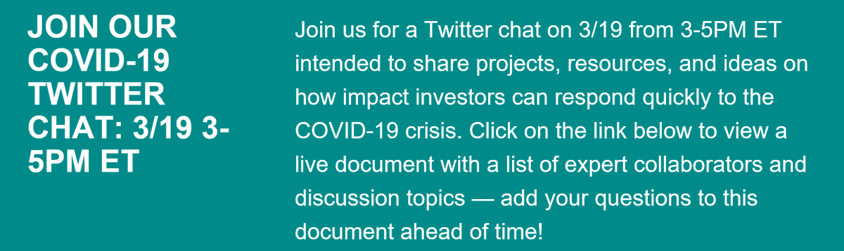 MissionInvest's tweet photo. THURSDAY TWITTER CHAT: Join an online collaboration from 3-5 ET on March 19 to surface ideas and projects for impact investors responding to COVID-19. Follow #COVID19impinv for details or click here:
 
https://t.co/ESlx2GPZKF

#philanthropy #impinv #COVID19 #NPCOVID19 https://t.co/YloPSULwUv