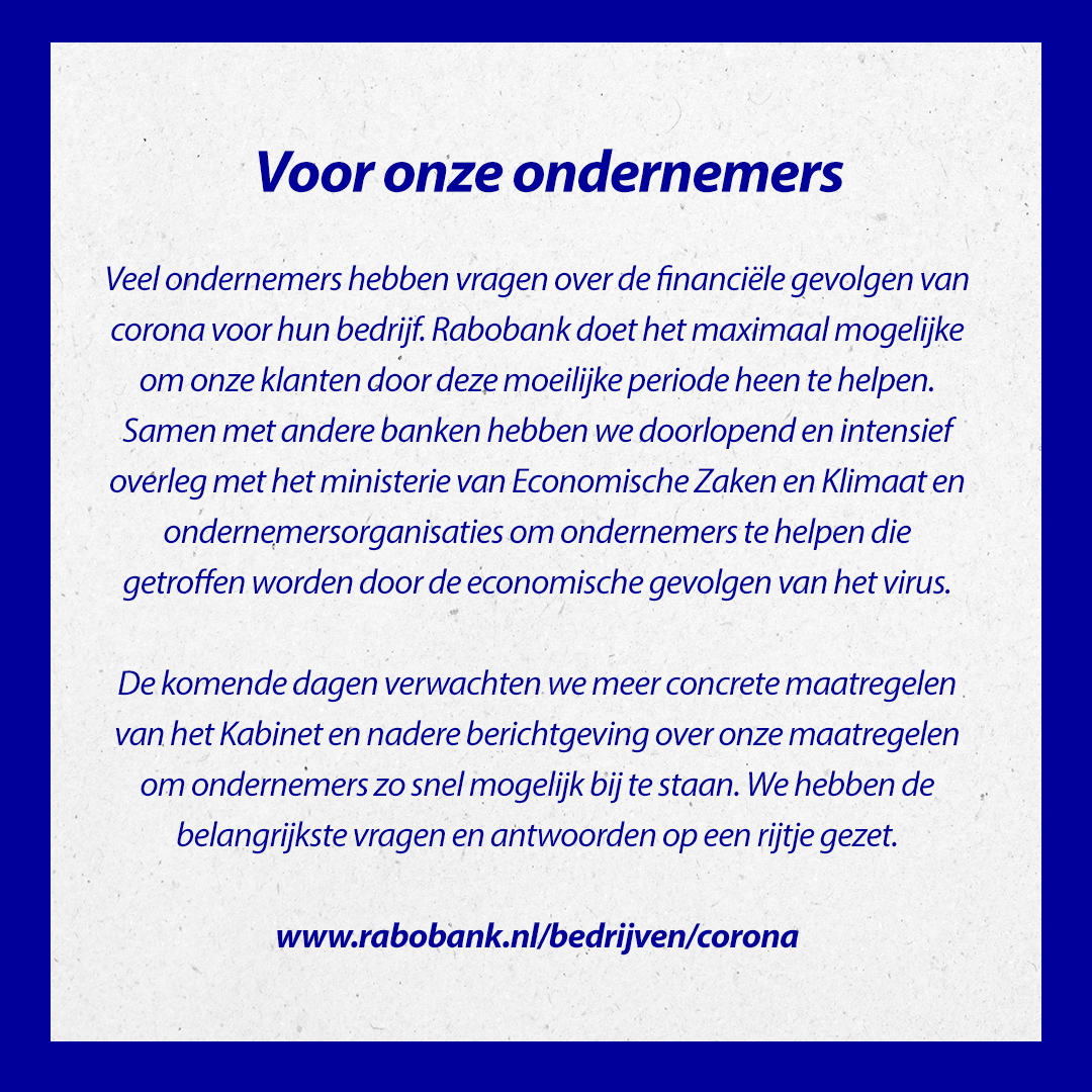 Veel ondernemers hebben vragen over de financiële gevolgen van corona voor hun bedrijf. We hebben de belangrijkste vragen en antwoorden op een rijtje gezet: rabobank.nl/bedrijven/coro…