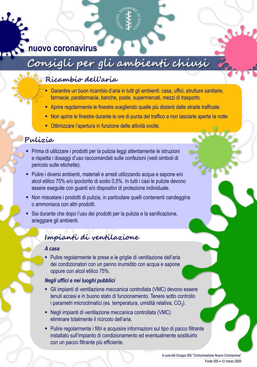 #coronavirus: consigli per ambienti chiusi e su raccomandazioni su ricambio d’aria, prodotti di pulizia e sistemi di ventilazione - a cura del Gruppo di Studio Nazionale Inquinamento indoor di ISS - Istituto Superiore di Sanità #COVID19italia