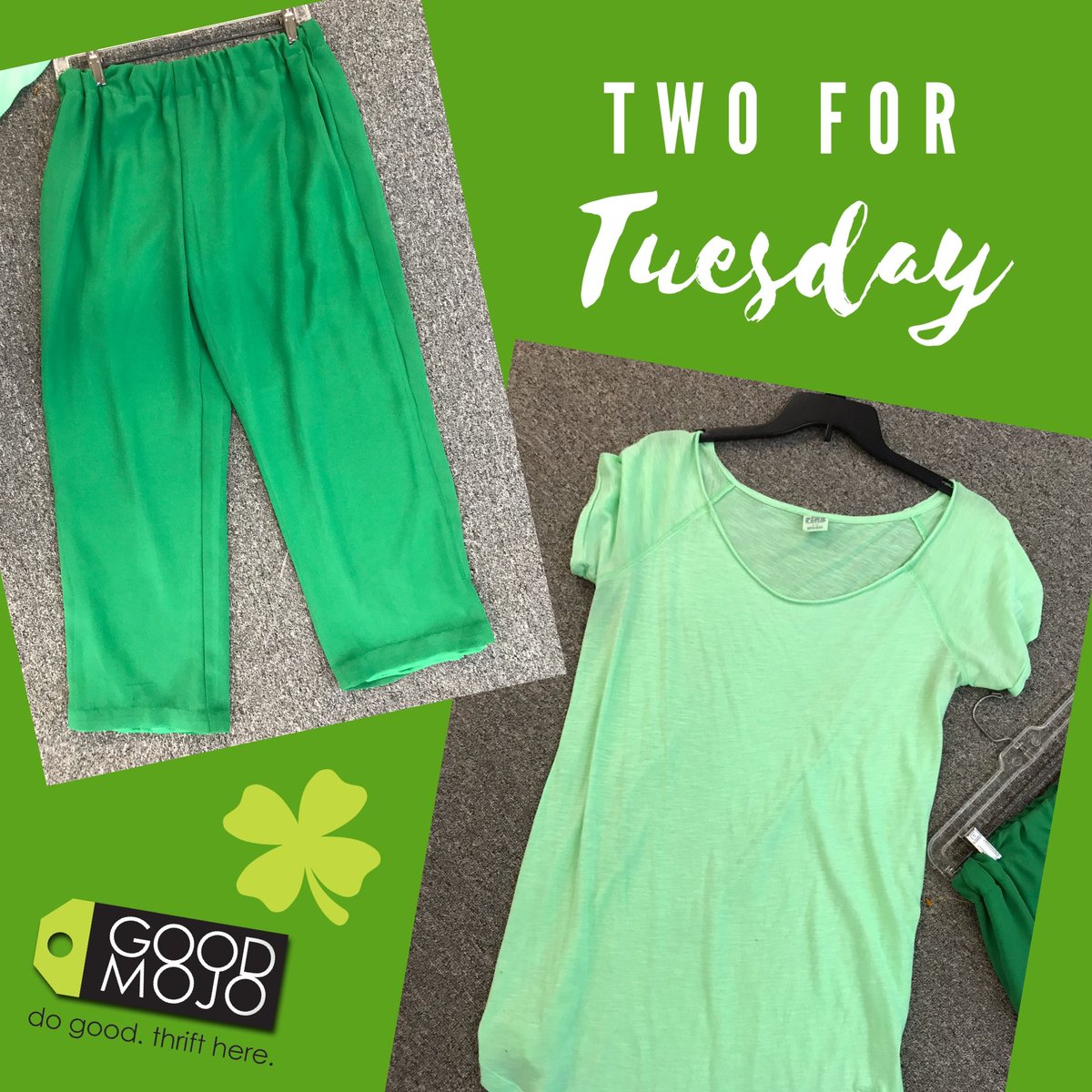 GoodMojoVA's tweet photo. Happy #StPatricksDay! We’ve got #TwoForTuesday so you can earn double frequent shopper stamps for every $10 you spend all day! Plus, all #green clothing items $1!
.
All proceeds benefit @ForKidsVA and help break the cycle of #homelessness for families in #the757. https://t.co/eierN2sjfm