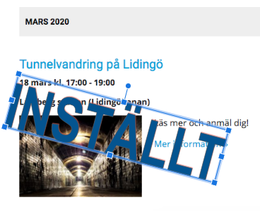 TTunnlar's tweet photo. Vi är passionerade för trygga tunnlar men hälsan är viktigast av allt. Därför har vi gemensamt med @TryggareSverige beslutat senarelägga morgondagens planerade Tunnelvandring på Lidingö.

Vi återkommer med nytt datum när möjlighet ges. Vi ser fram emot att träffas då. Sköt om er! https://t.co/bEG9gmGsi1