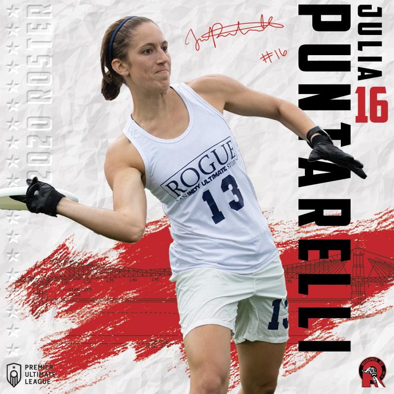 The first of the "Bloomington Double Header," No. 16, Julia Puntarelli, is always in the right place at the right time. Puntarelli is a quick, shifty cutter from Bloomington, IN. She comes to us from U. of Redlands, <a href="/HerosUltimate/">Los Heros Ultimate</a>, &amp; <a href="/IndyRogueUlt/">Indy Rogue</a>. #LightTheFire @premierultimate