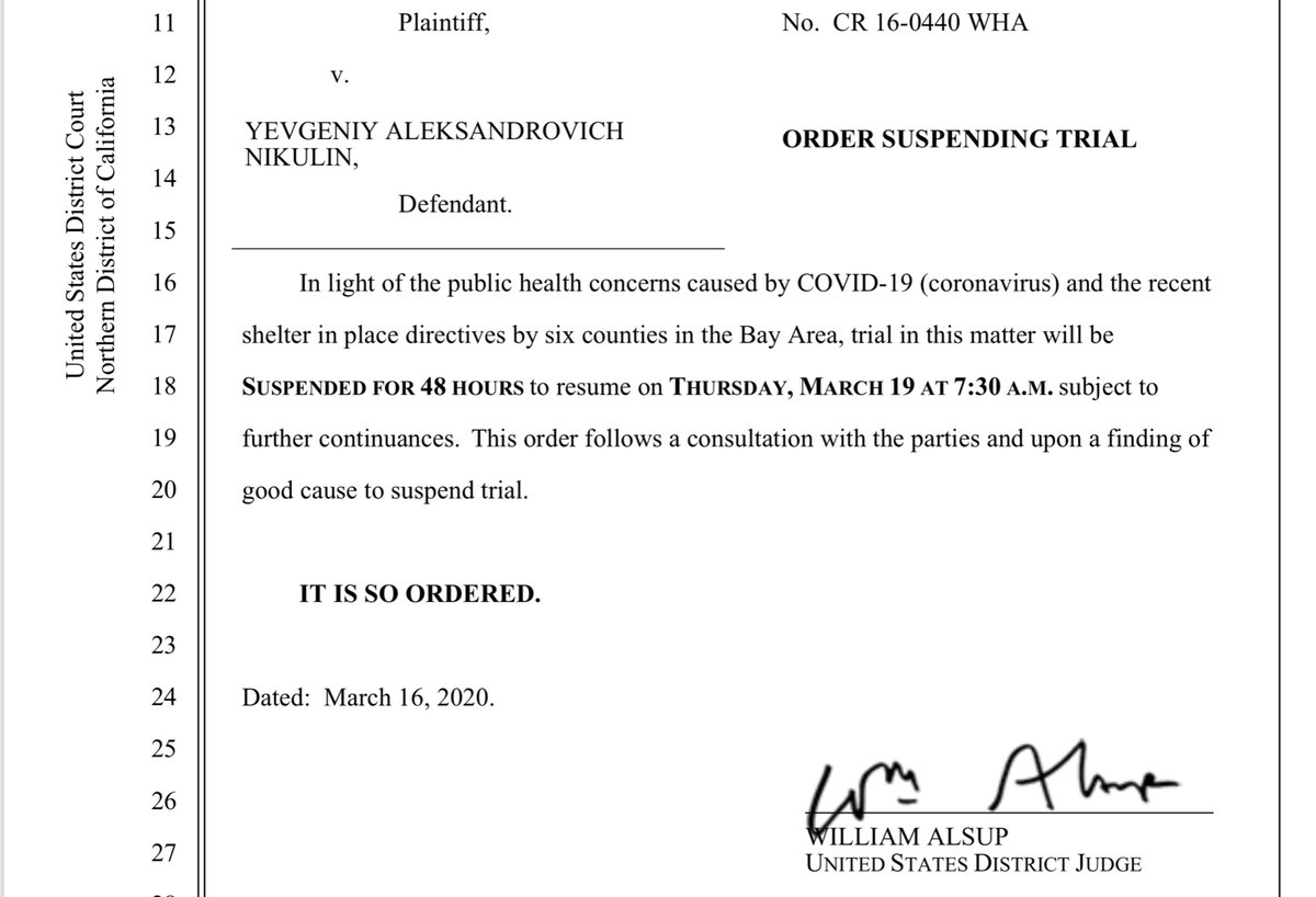 Welp that kind of makes sense, if there’s a six county area of “shelter in place” then delaying is prudent Although it’s unusual (but nice) to read a genuine sentiment of “thank you and take care” from the Judge.Pretty sure this case will be continued until late April