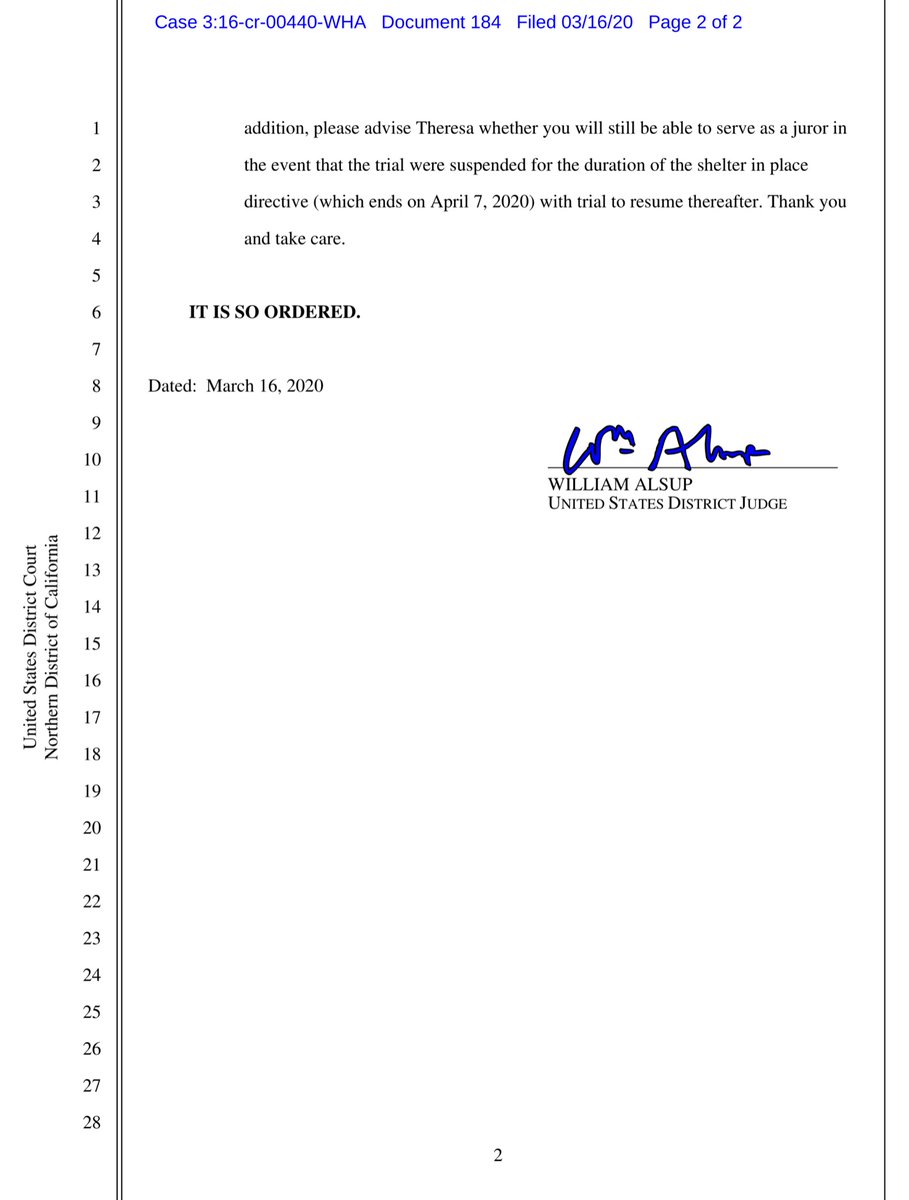 Welp that kind of makes sense, if there’s a six county area of “shelter in place” then delaying is prudent Although it’s unusual (but nice) to read a genuine sentiment of “thank you and take care” from the Judge.Pretty sure this case will be continued until late April