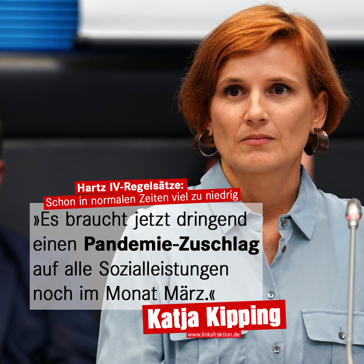Linksfraktion's tweet photo. .@katjakipping: In Krisenzeiten trifft Kleinrechnen der Regelsätze die Ärmsten besonders hart. Wenn nach Hamsterkäufen preiswerte Produkte ausverkauft sind und auf teurere zurückgegriffen werden muss, ist das im #Hartz IV-Regelsatz nicht vorgesehen.  #Pandemie-Zuschlag jetzt! https://t.co/cd1T9RuS3K