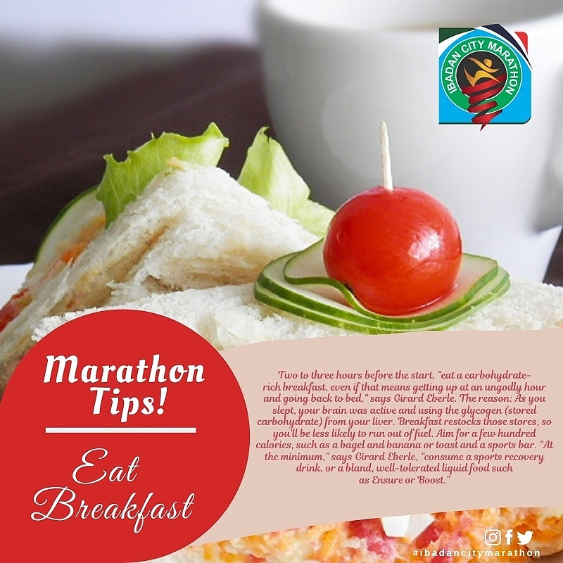 IBcitymarathon's tweet photo. When it is few hours to the race it is advisable to eat an healthy breakfast that contains Carbonhydrate.
.
.
Don't forget to register on https://t.co/0IRq4F4Q6I.

#MarathonTips 
#RunIbadan 
#Ibadan 
#SplashfmMarathon 
#IBCityMarathon https://t.co/ThzHErwivr