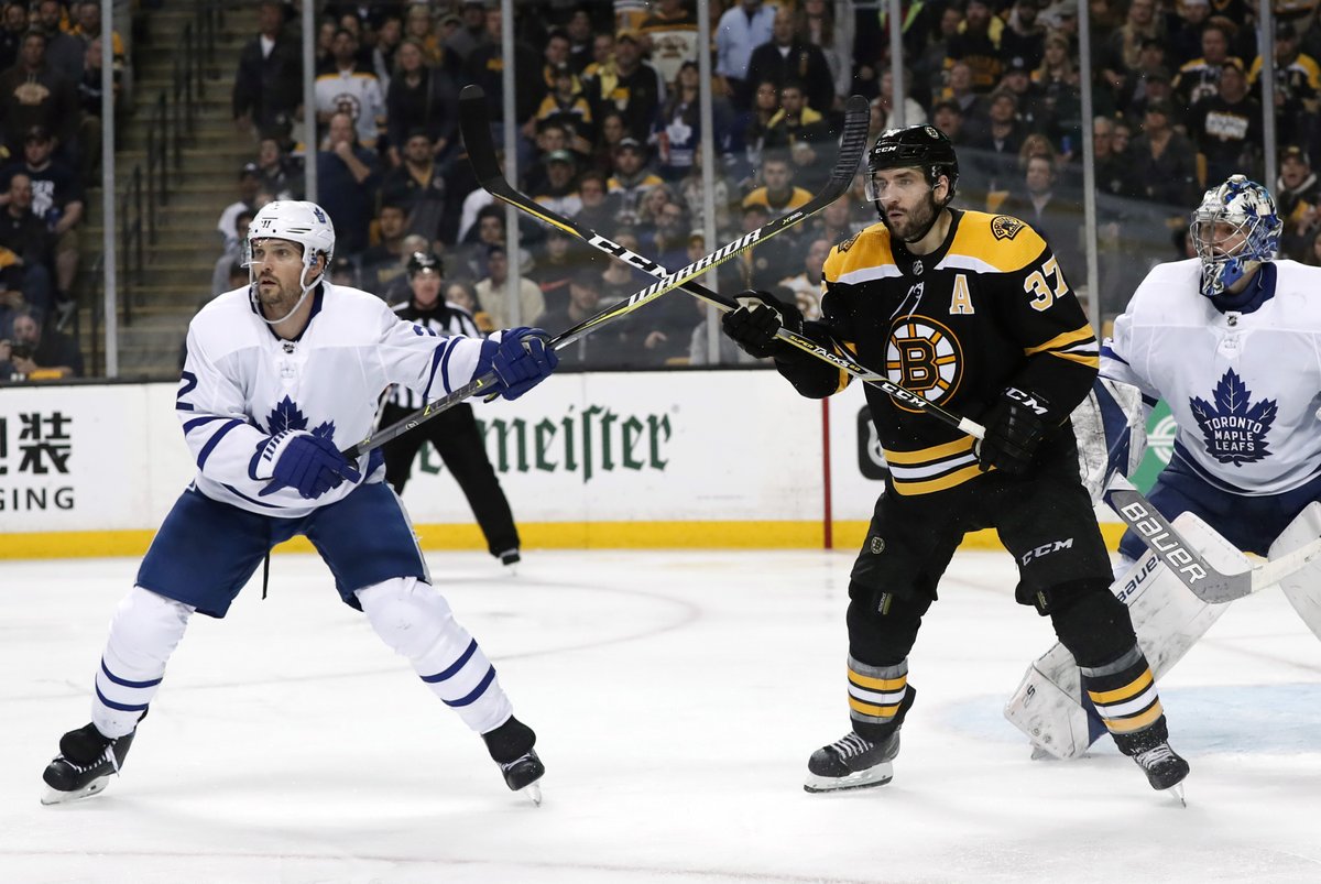 NHLMedia's tweet photo. The @NHLBruins tally 4 goals in the third period to complete a Game 7 comeback against the Leafs in the first round of the 2018 #StanleyCup Playoffs. 

Relive the action, next. https://t.co/OBzGsRzNto