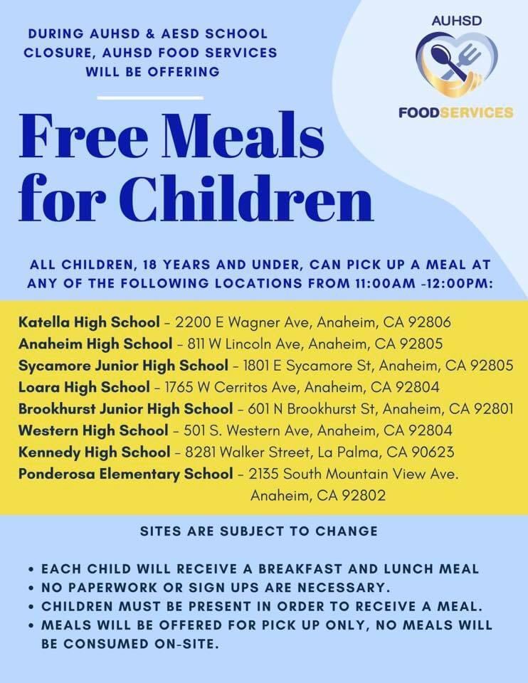 AnaheimElemSPED's tweet photo. Meals continue to be offered during the district’s closure. For specific locations, please see the attached information. https://t.co/601Xt4xZ6l