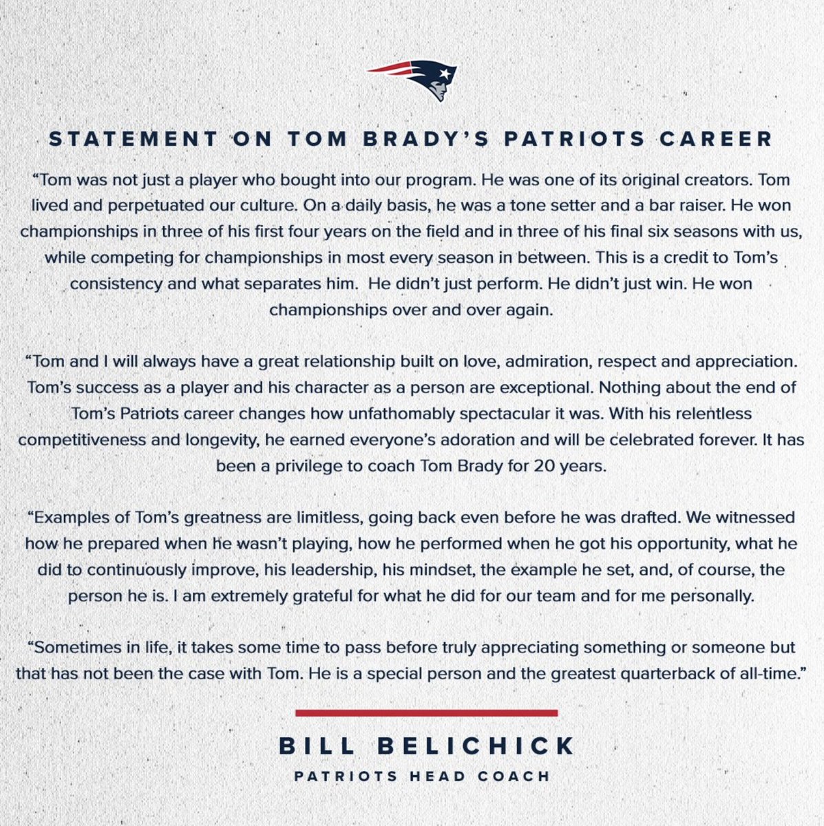 YahooSports's tweet photo. "Tom and I will always have a great relationship built on love, admiration, respect and appreciation."

-Bill Belichick https://t.co/R2B3DUq06Q