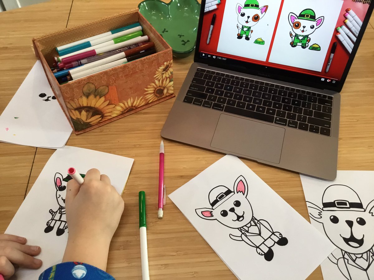 RoadrunnerLMC's tweet image. Today’s “homeschool” lesson plan is brought to you by the letter L. We read a book about Leprechauns Loose in the School and drew Leprechaun puppies! Next up is writing Letters to tell friends how Lucky we are to know them. 🍀