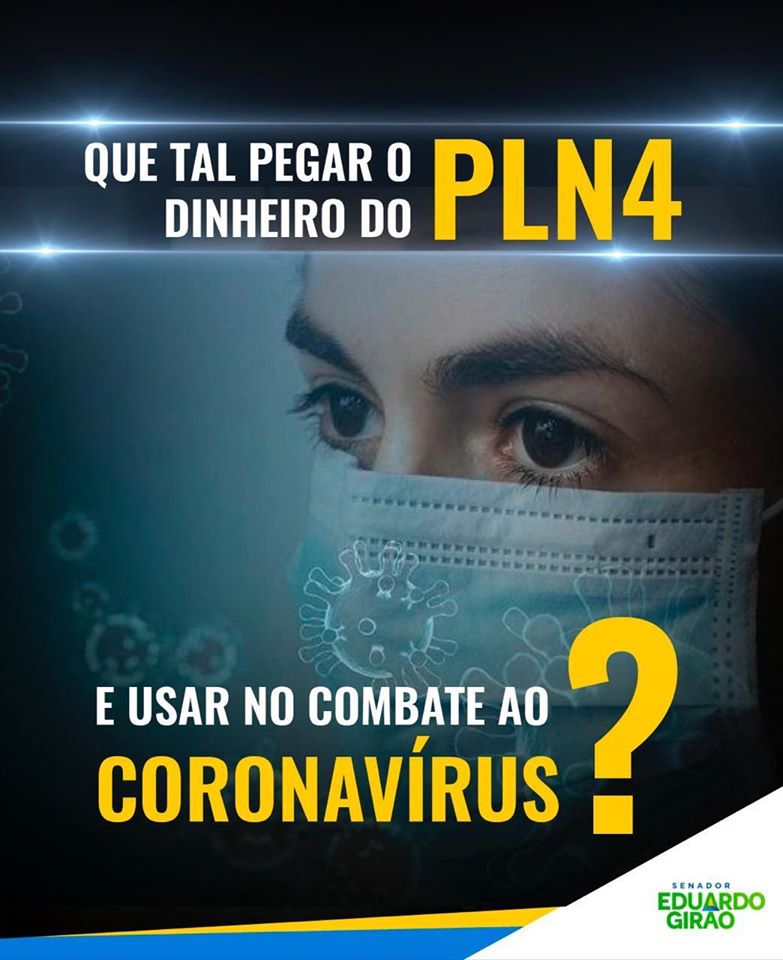 EduGiraoOficial's tweet photo. Com o avanço do Coronavírus, deveríamos aproveitar o momento para dar um destino certo aos quase R$ 20 BILHÕES do PLN 4 ao invés de deixar nas mãos de um parlamentar.
Sou contra o PLN 4 e vamos lutar contra esse absurdo!  #SenadorEduardoGirão #PLN4 #Coronavírus #Orçamento https://t.co/LX3goX4HUn