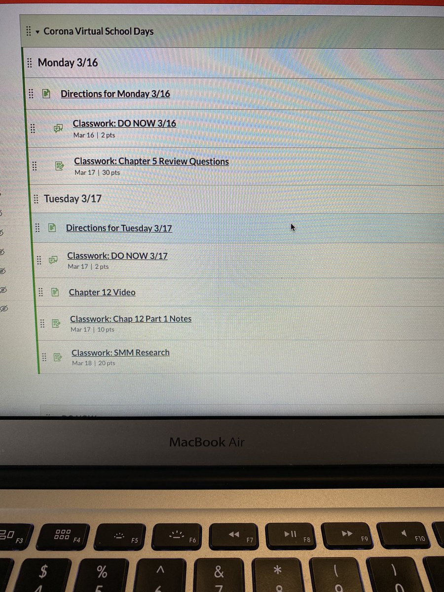 GruberMhs's tweet photo. Virtual school is in full effect! Teacher tip for Canvas: Use text headings as a way to organize the days’ lesson activities for students to quickly identify. Also I use checklists! Today I tried to make my students 😀 &amp; I shared some pics of my 🐶! #bused #MHSPowerOfOne https://t.co/WIHURjJih3