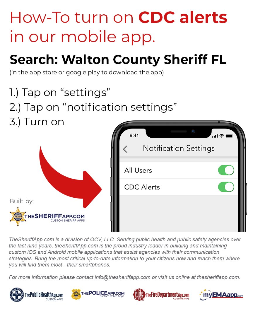 We're here. We're listening. 

The latest ℹ️ from the <a href="/CDCgov/">CDC</a> regarding #COVID19 in your hand 📲.

<a href="/WCSOFL/">Walton County Sheriff's Office, Florida</a> has integrated a one-stop-shop for information regarding #COVID19 on our smartphone app powered by <a href="/TheSheriffApp/">TheSheriffApp.com</a>.

Download today: apps.myocv.com/share/a22732459