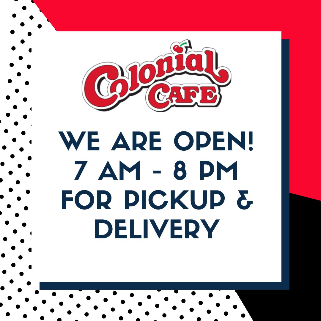 Delicious Social Distancing - We are open and ready to take your orders!
To place or schedule a pickup order online, please visit:
colonialcafe.com/order-online/
To place a delivery order, please visit:
doordash.com/business/colon…