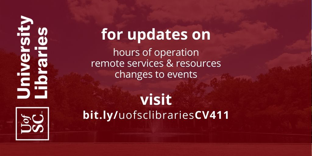 UofSClibraries's tweet image. All UofSC Libraries buildings will close effective Wednesday, March 18. Visit bit.ly/uofsclibraries… for information about accessing online assistance, resources and collections.