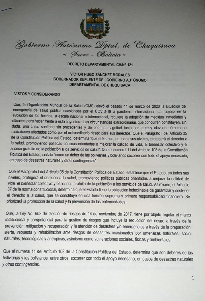 Gadch_Planif's tweet photo. SPD / #Urgente  
La Gobernación de Chuquisaca está tomando todas las medidas de prevención, para combatir la pandemia del Covid-19 en todo el departamento, para ello ha emitido el Decreto Gubernamental CH/N°121/2020 de cumplimento obligatorio de la población en general.
#GADCH https://t.co/cz19P6INXs
