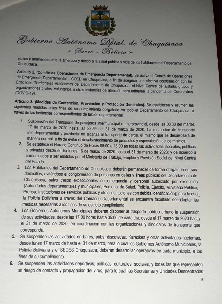 Gadch_Planif's tweet photo. SPD / #Urgente  
La Gobernación de Chuquisaca está tomando todas las medidas de prevención, para combatir la pandemia del Covid-19 en todo el departamento, para ello ha emitido el Decreto Gubernamental CH/N°121/2020 de cumplimento obligatorio de la población en general.
#GADCH https://t.co/cz19P6INXs