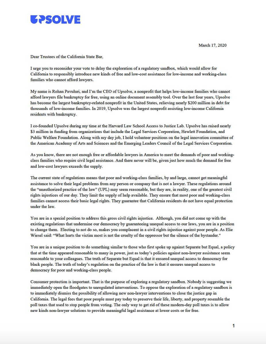 RPavuluri's tweet photo. Today, I sent the following letter to the @StateBarCA
Board of Trustees. The existing regulatory framework of the legal industry guarantees unequal protection under the law for poor and working-class families by limiting the supply of meaningful help available. It must change. https://t.co/FWc9MZ0J4V