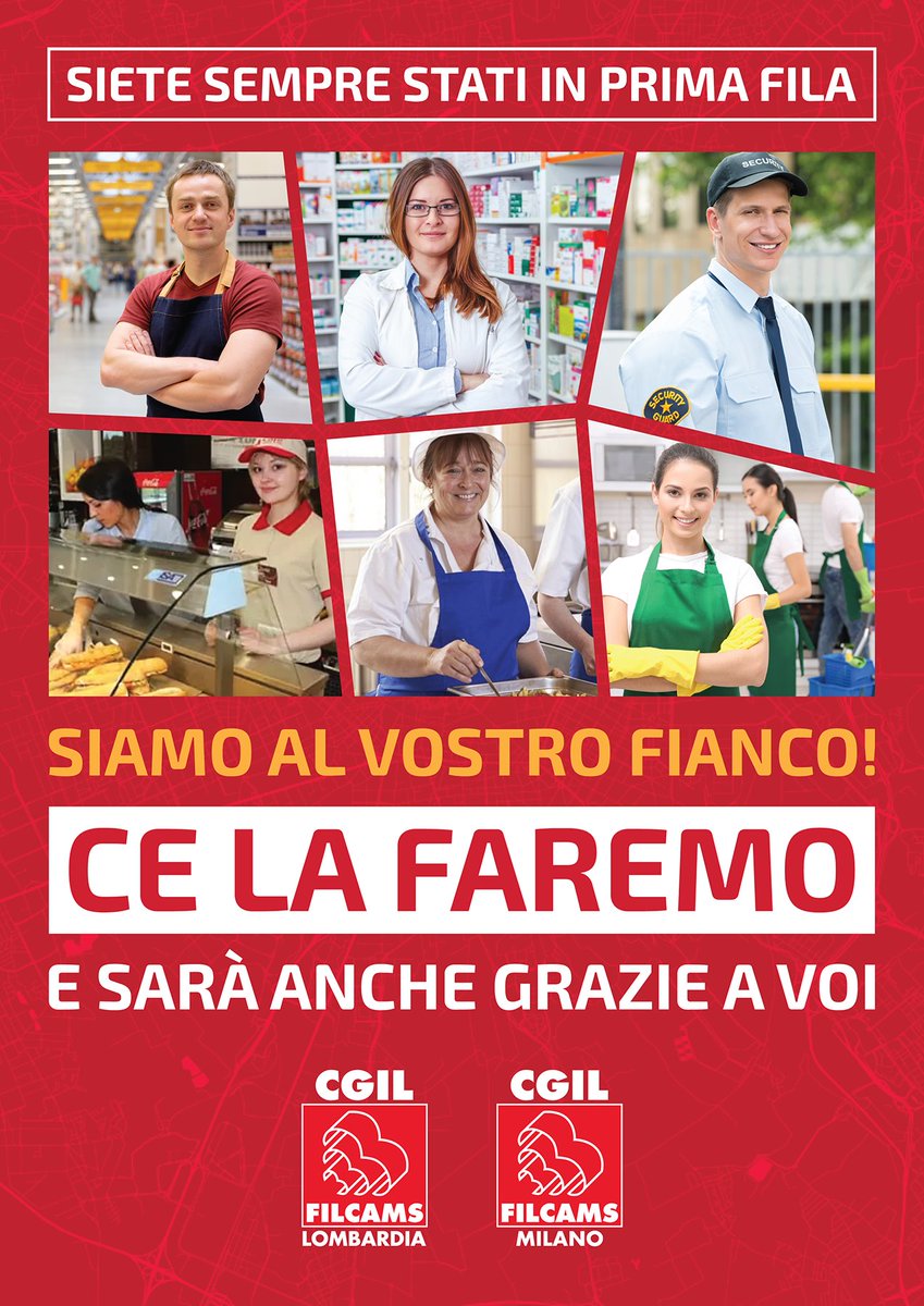 FilcamsMilano's tweet photo. SIAMO AL VOSTRO FIANCO!
In questo momento difficile per l'intero paese, saremo sempre al fianco delle lavoratrici e dei lavoratori che continuano a lavorare responsabilmente per tutti noi. 
Il nostro sostegno e il più grande grazie possibile #celafaremo https://t.co/fDOQUDGTxT