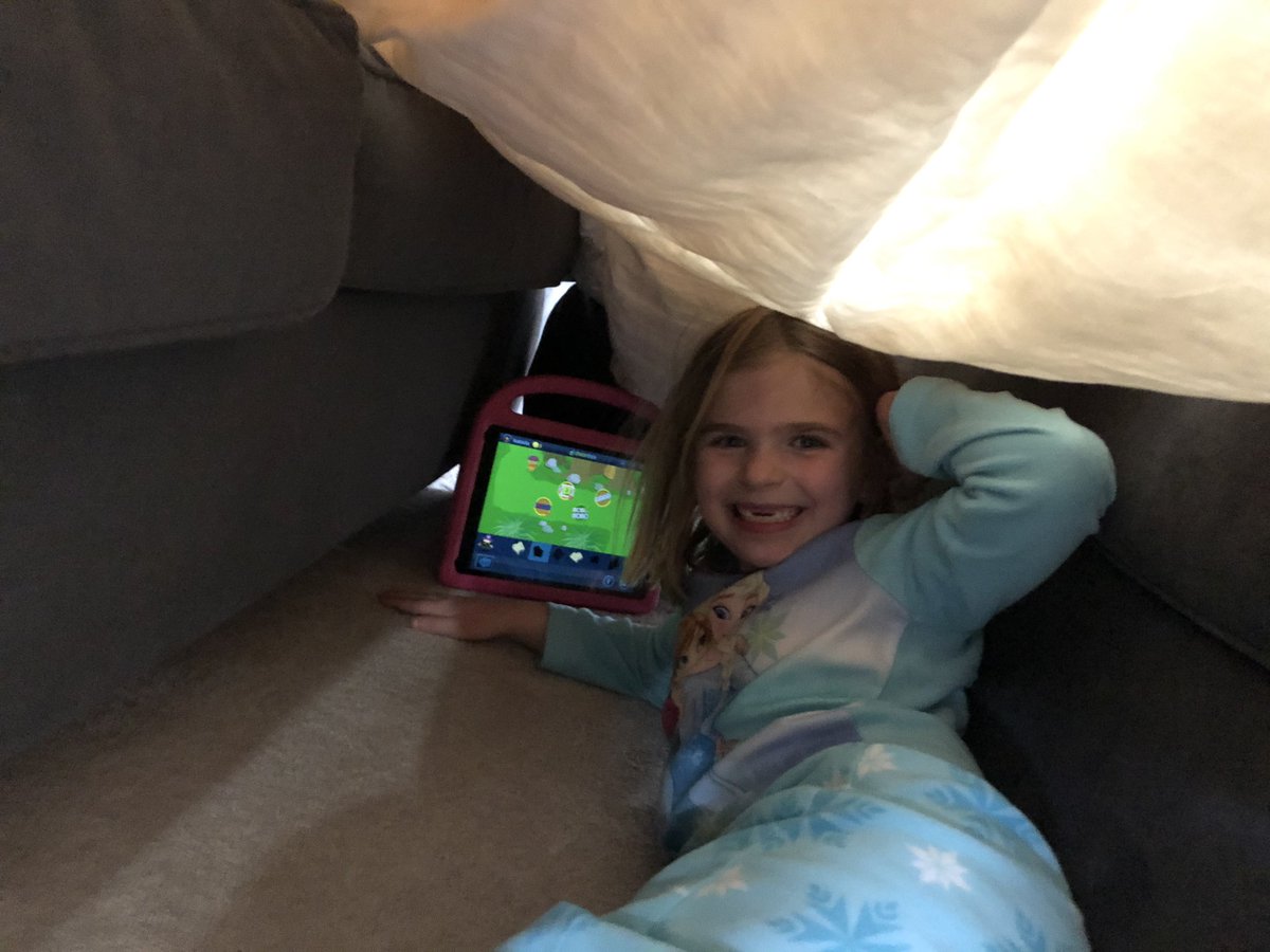 BradRLovell's tweet photo. This is how we @DreamBox_Learn in our house. My guess this isn’t how learning goes down in @Elamskinders room 😂 #DistanceLearning #WEareLakota #BuildingForts https://t.co/Eq6t5igbyN