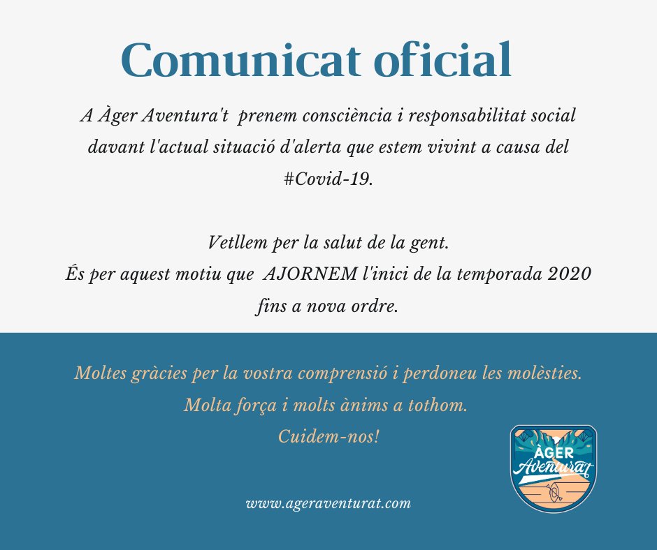 ageraventurat's tweet photo. 📣 COMUNICAT OFICIAL 📣

Per motius de seguretat, a Àger Aventura't ens veiem obligats a ajornar la data d'inici de la temporada 2020 fins a pròxim avis. Us mantindrem informats.👍🏼

Moltes gràcies per la comprensió de tothom i perdoneu les molèsties. https://t.co/p4Ot7mmW0V