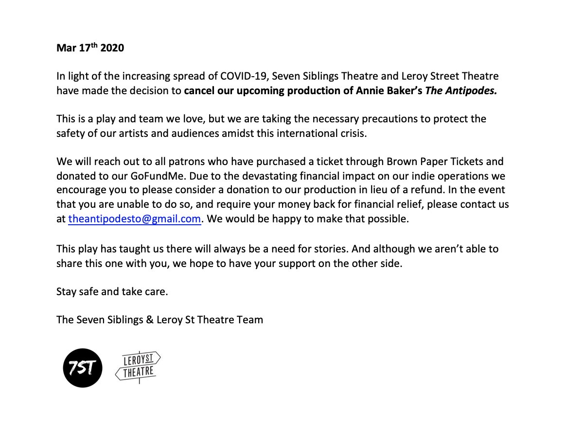 SevenSiblingsCo's tweet photo. Please see our attached statement in regards to COVID-19. Due to the extreme circumstances, our upcoming production of Annie Baker's The Antipodes has been cancelled.

Our highest priority is the safety of our artists and audiences.

Stay safe.

-Seven Siblings Theatre https://t.co/7AH6aNRRFE
